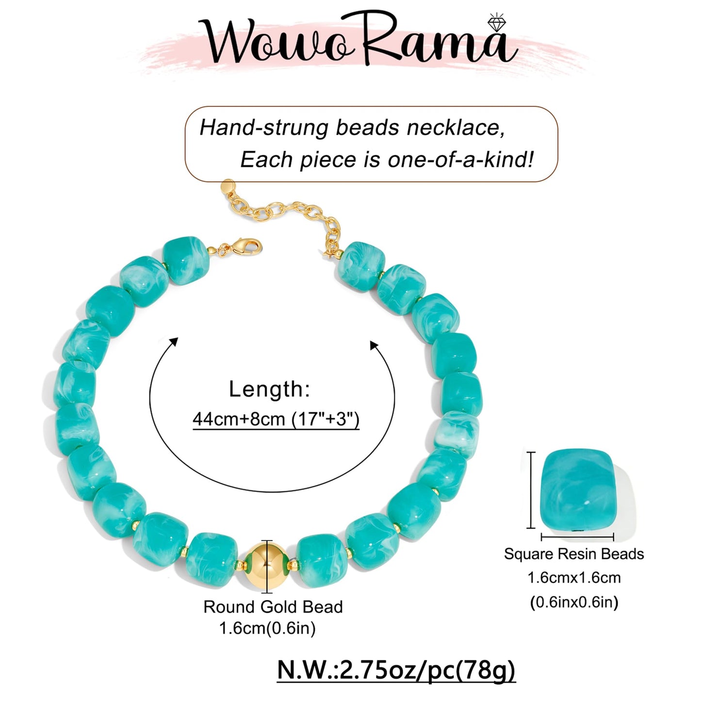 WOWORAMA Blue Chunky Beaded Necklace for Women Lake Blue Large Square Resin Bead Necklaces Statement Chunky Choker Necklace Summer Vacation Jewelry