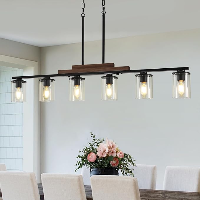 Dining Room Light Fixture Over Table, Farmhouse 6-Light Kitchen Island Lighting, Linear Black Chandelier with Clear Glass Shades, Modern Rustic Wood Pendant Kitchen Lights, with Adjustable Height