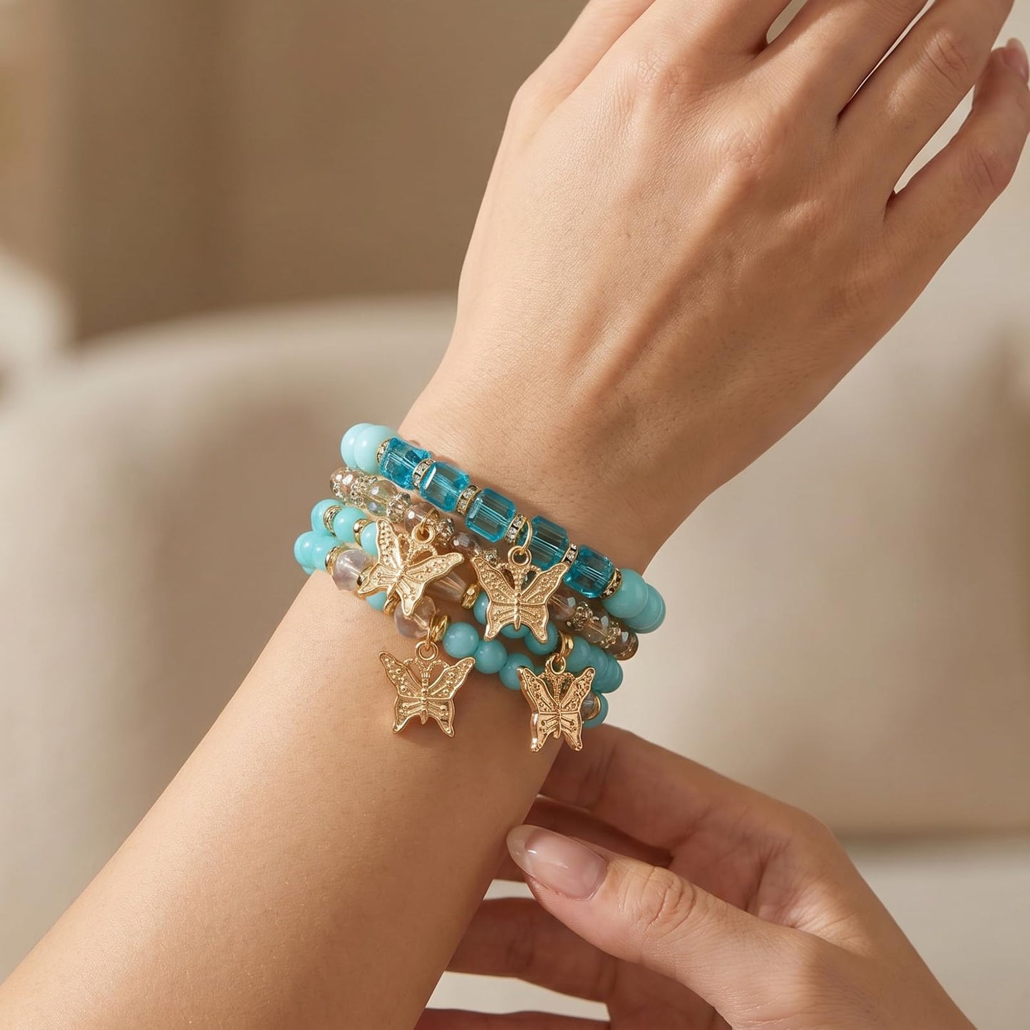 Briutn Bohemian Stackable Beaded Bracelets for Women 4 Layer Blue Gold Butterfly Charm Stretch Bracelet Boho Jewelry Gift