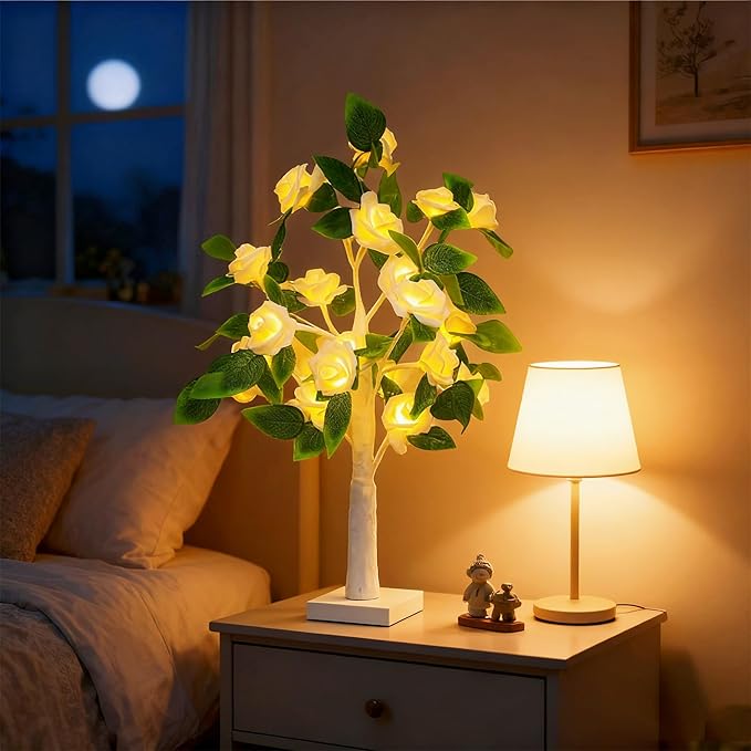21.6Inch Rose Flower Tree Light for Tabletop,Mini Light up Tree Bonsai Tree with White Rose Flower Warm White LEDs, Decorative Tree Lamp for Fireplace Bedroom Wedding Party,Gifts for Valentine Day