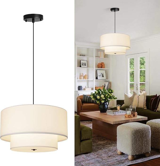 18" Drum Fabric Pendant Light, Large Modern Hanging Ceiling Chandelier Fixture with Dual Layer Fabric Shade, Ideal for Dining Room, Living Room, Bedroom, and Kitchen