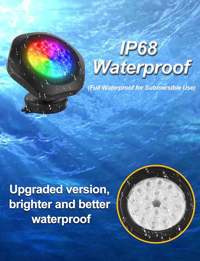 RGB Underwater Pond Lights, Super Bright 18 LED Submersible Fountain Lights Color Changing Spotlights, Bluetooth APP Control IP68 Waterproof for Fish Aquarium Tank Garden Yard Pool(Set of 8)