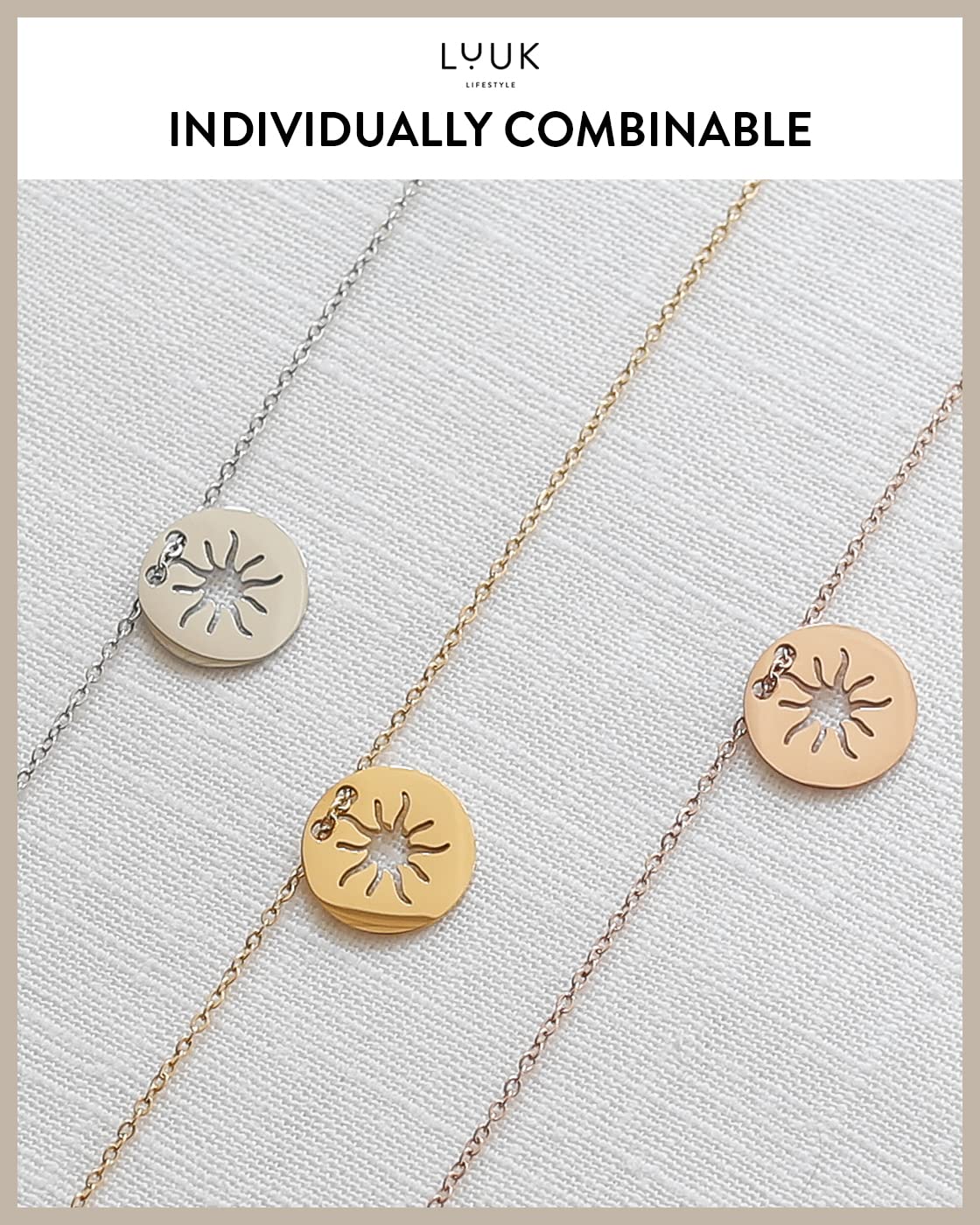 LUUK LIFESTYLE Necklace for women made of stainless steel with sun pendant and HAPPINESS gift card, fashion jewelry for girls, 19”, lucky charm, zodiac sign, fashion accessory for her, gold