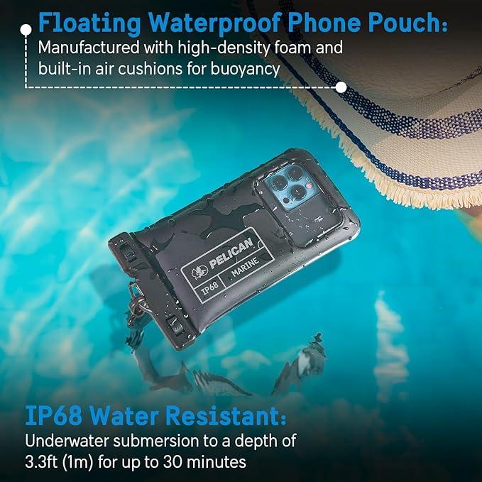 Pelican Marine - IP68 Waterproof Phone Pouch (Regular Size) Floating Waterproof Phone Case - Beach Cruise Ship Travel Essentials - Works with All Phones - Detachable Lanyard - Black