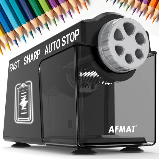 AFMAT Electric Pencil Sharpener for Classroom, 6 Holes, Cordless & Rechargeable, Super Fast, Auto Stop, 10K+ Uses, Heavy Duty Pencil Sharpener for 6-11mm No.2/Large/Colored Pencils PSD4(Black)