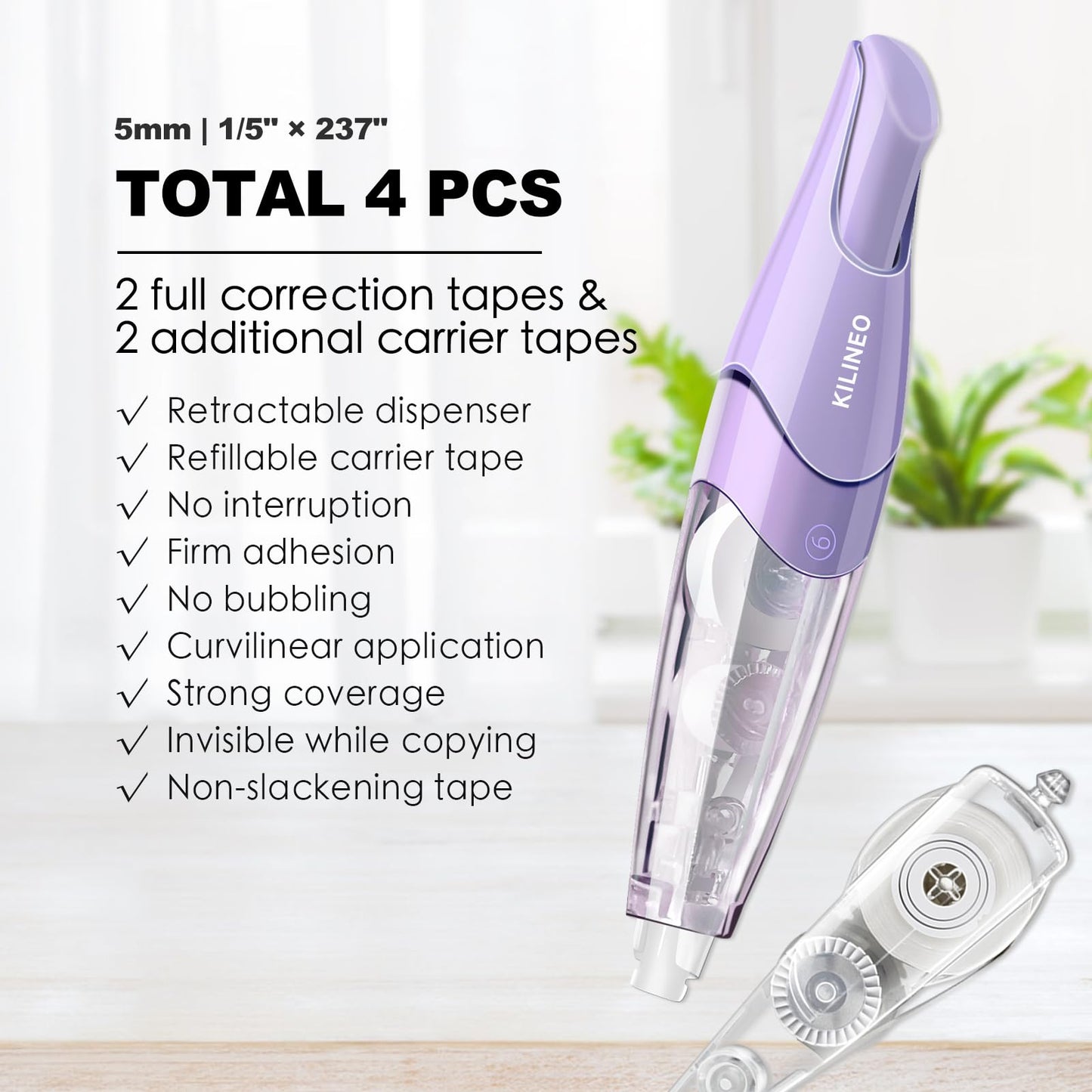 KILINEO Refillable Retractable White Correction Tape, Pen Shaped White Smooth Pull Out Japanese Aesthetic Cute Correction Tape for Office Supplies, 4 PCS (ZH-87)