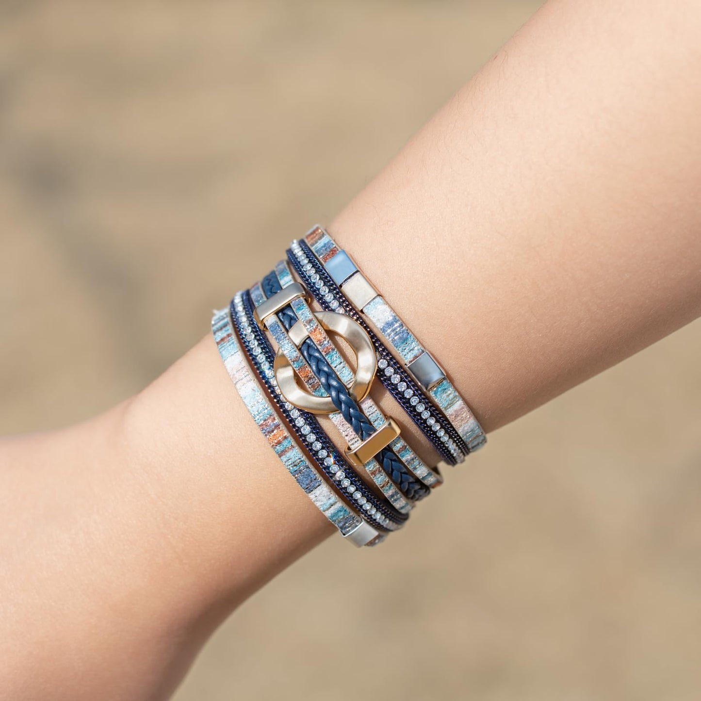 FANCY SHINY Boho Leather Wrap Bracelets Circle Square Bead Braided Handmade Stackable Bracelet Trendy Cuff Bangle for Women(Boho Blue)