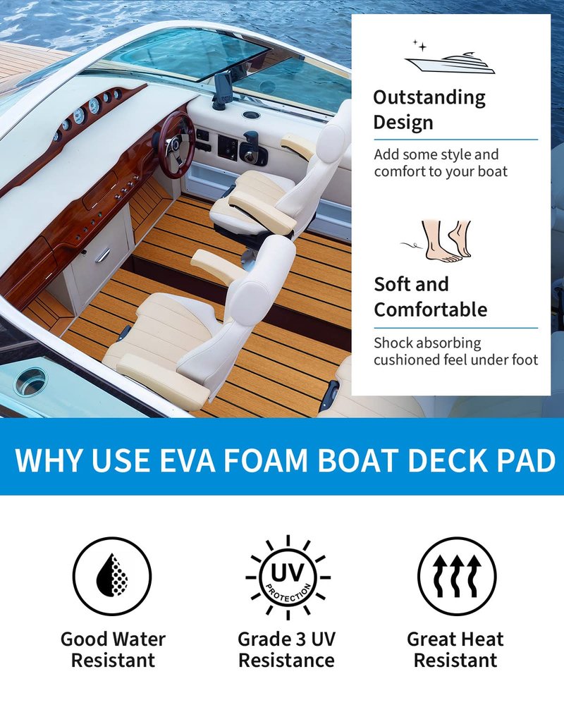 OCEANBROAD Self-Adhesive 48''x16.8'' Boat Flooring with 3M Adhesive Backing EVA Foam Boat Decking Faux Teak Marine Non-Slip Sheet for Jon Motor Boats Yacht Helm Pad Floor, Brown with Black Seam Lines
