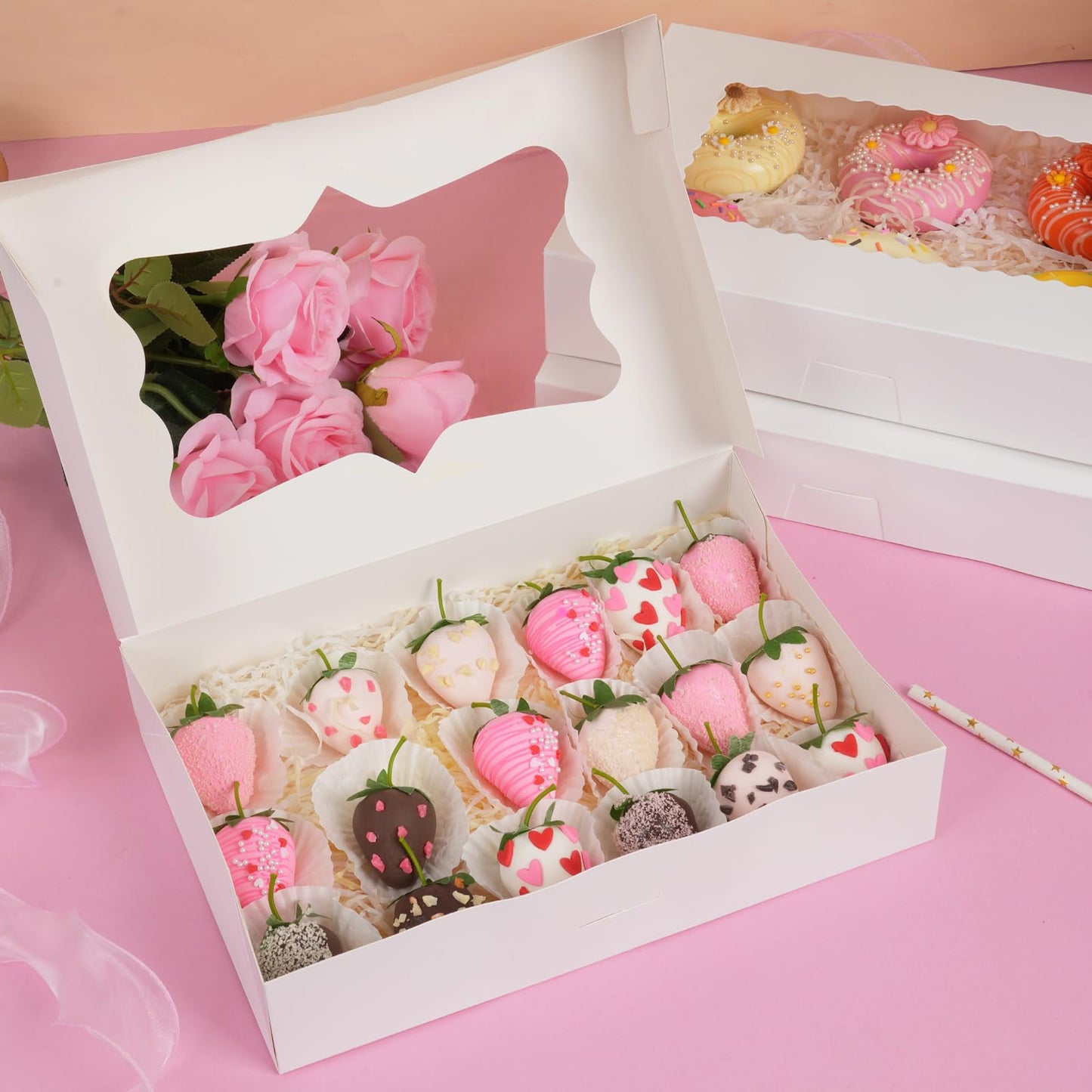 Moretoes 30pcs Auto-Popup Cookie Boxes, 12x8x2.5 Inches Bakery Boxes with 3 Style Windows for Chocolate Covered Strawberries, Donuts, Pastries,Cake Pops