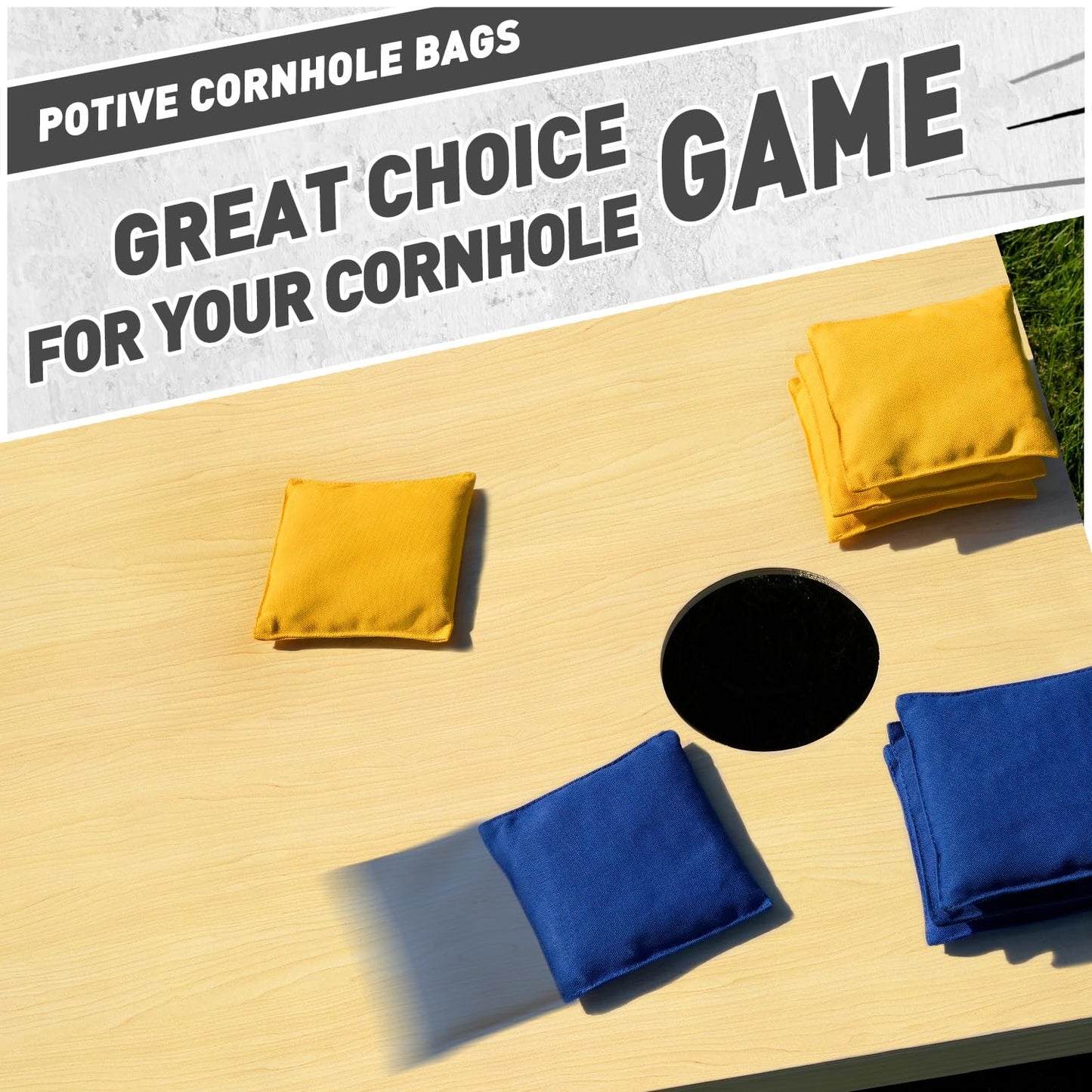 POTIVE Cornhole Bags Set of 8 Regulation Corn Hole Bean Bags for Cornhole Game, Professional Weather Resistant Corn Hole Bags with Tote Bag（Blue/Yellow）
