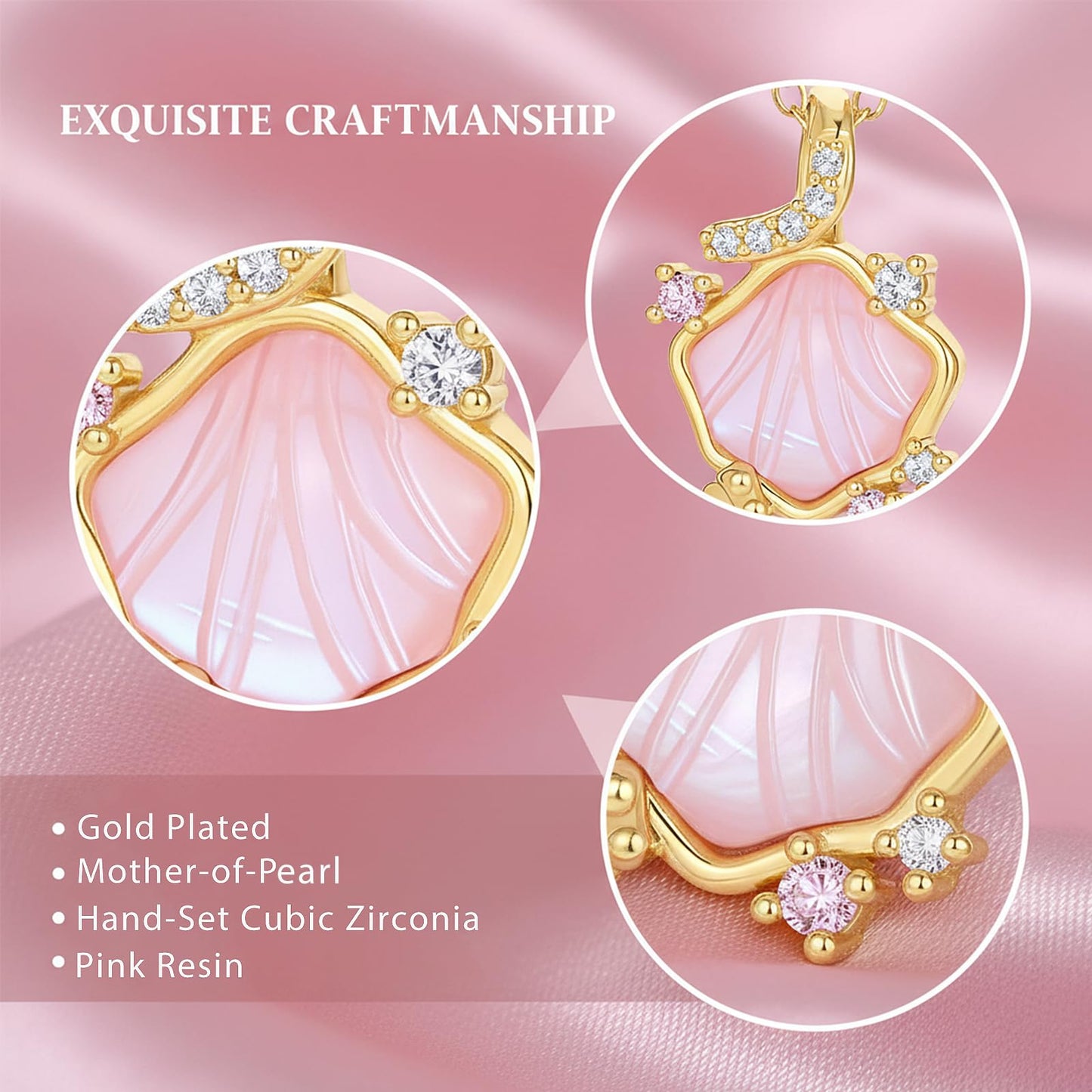 Pink Resin Seashell Necklace-Gold Plated CZ Shell Necklace Mother Of Pearl Beach Jewelry For Women Valentine's Day Mother's Day Christmas Birthday Gifts
