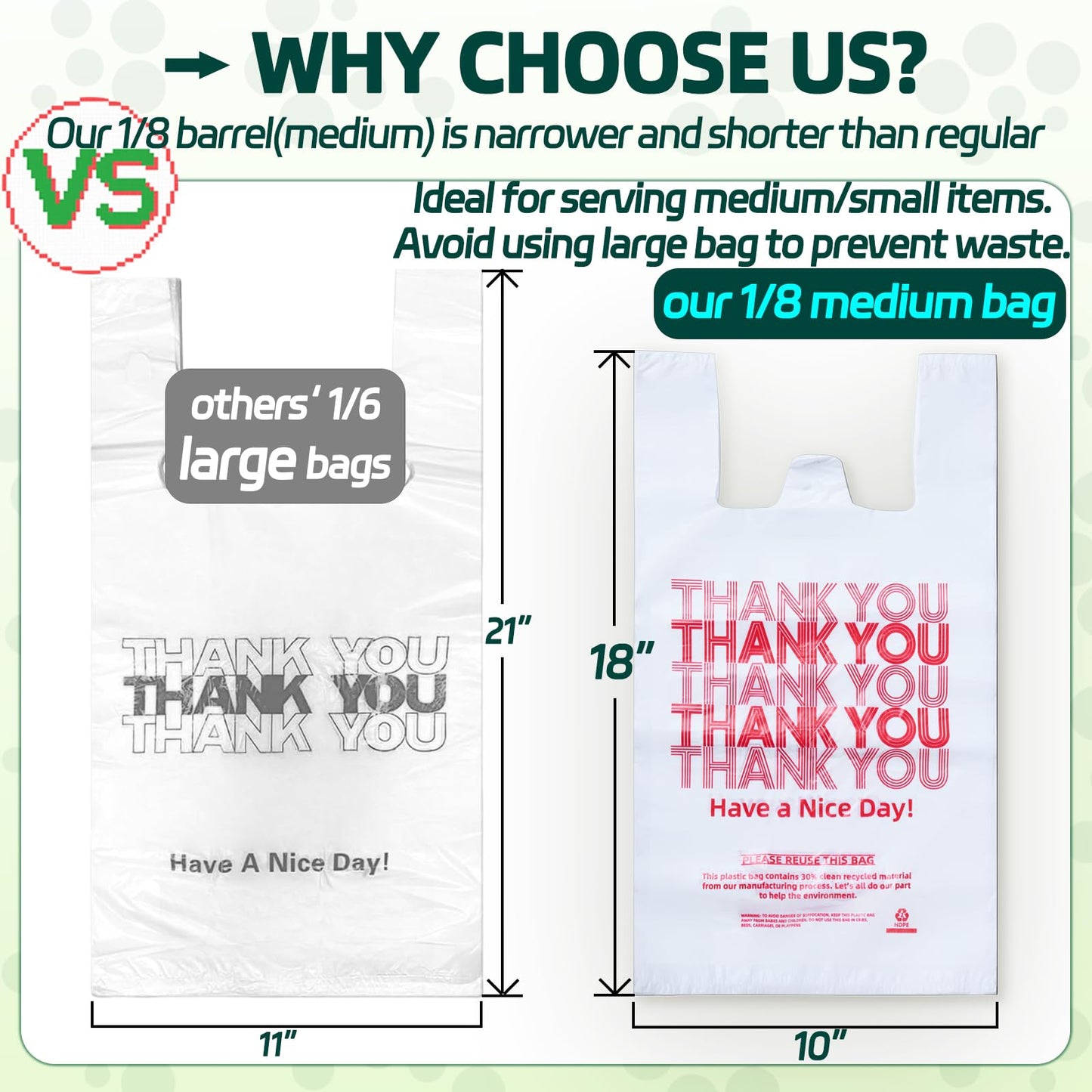 YovhVon Medium Size 1000 Count Plastic Bags with Handles, T-Shirt Bag, Thank You bags, Shopping Bag, Grocery bag, |for Store, Carry, Pack, Retail|, White, 1/8 Barrel, 10"x5"x18"