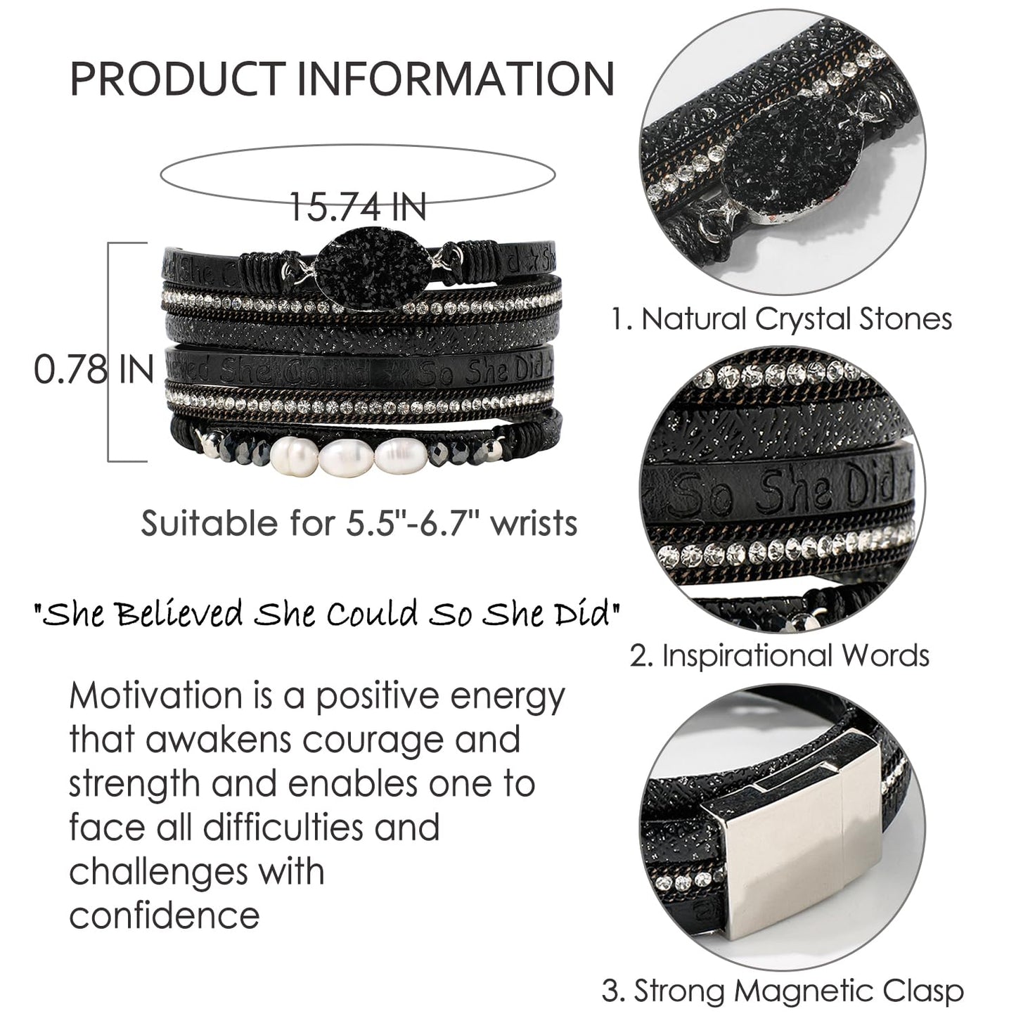 Artilady Leather Wrap Bracelet for Women - Handmade Clasp Bangle Bracelet with Pearl Beads Crystal Wristbands Jewelry Gift for Ladies and Mother