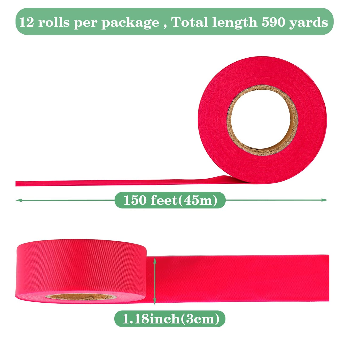 KIWIHUB Red Flagging Tape 12 Rolls - Non-Adhesive Neon Marking Surveyors Caution Tape, for Tree Marking, Hunting Trail Tape,1-3/16 in. x 150 ft,3.35 Mil
