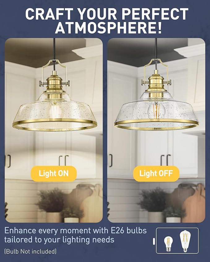 kudos Gold Pendant Lights Kitchen Island, Farmhouse Gold Seeded Glass Pendant Light, Kitchen Island Lights Ceiling Hanging,KDPL13-GD-S