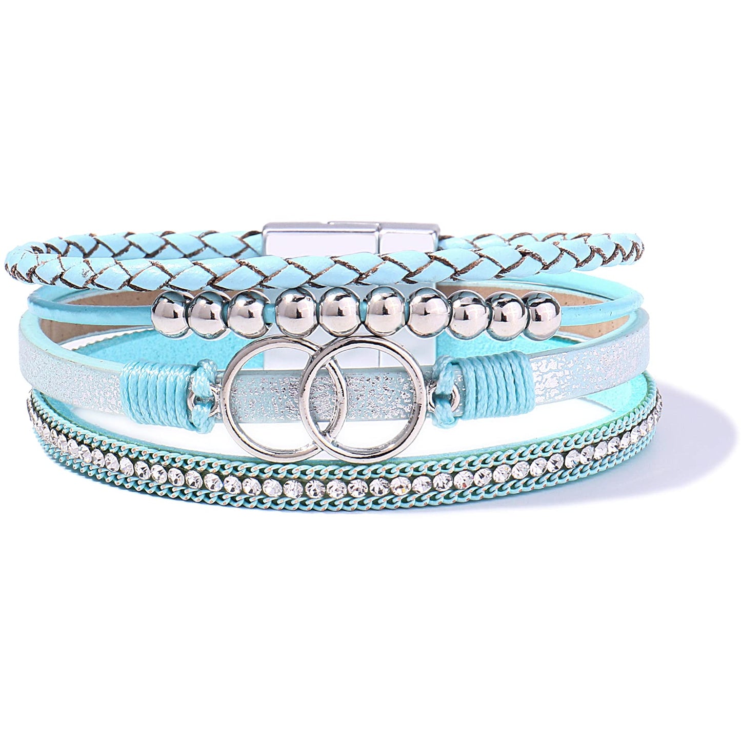 FANCY SHINY Boho Leather Wrap Bracelet Stackable Beaded Infinity Chunky Cuff Bracelets with Magnetic Clasp Western Hippie Outfits Jewelry Gifts for Women(Teal)