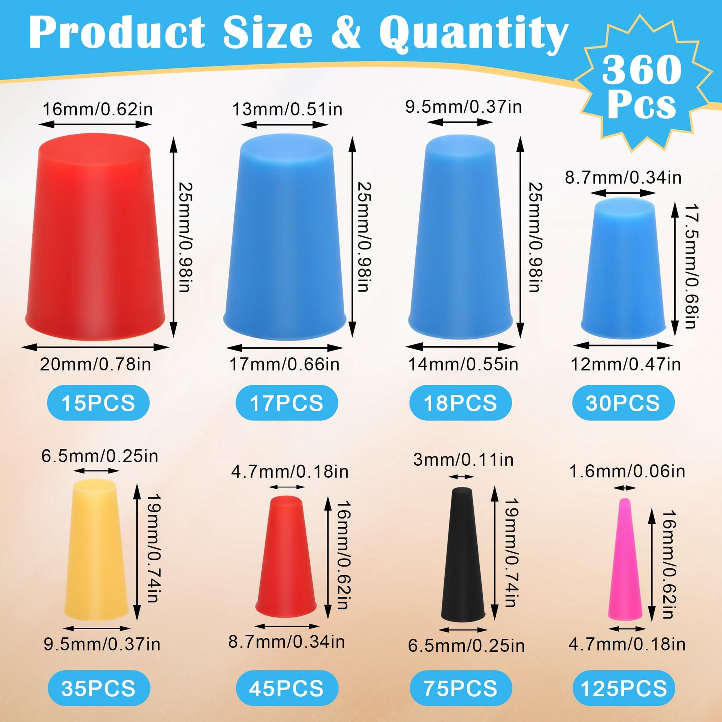 360PCS Silicone Rubber Tapered Plug, Coldairsoap High-Temperature Resistant Rubber Stoppers 8 Size 1/16" to 5/8" for Hole Plugs, Spraying, Coating, Painting Protection (360)