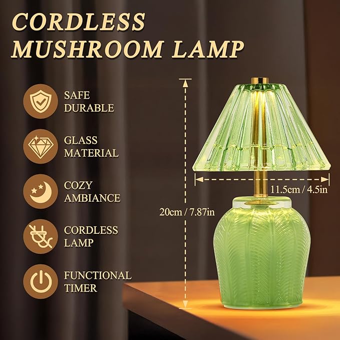 Small Battery Operated Lamp with Timer, Tiny Cordless Glass Table Lamp for Home Decor, Kitchen, Bathroom, Birthday Gift for Women, Cream Green