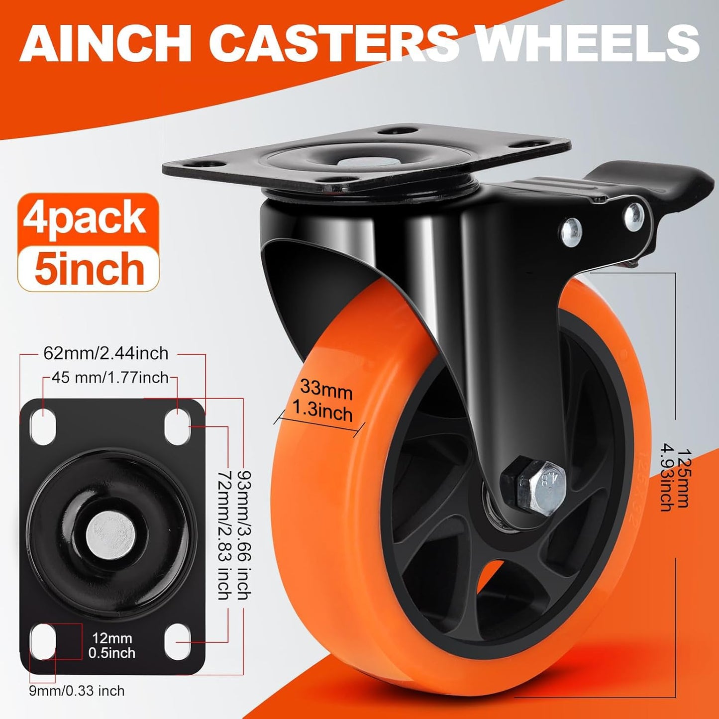 5 Inch Orange Heavy Duty Locking Caster Wheels Set of 4 – 2600LBS Total Capacity, PU Industrial Casters with Dual Brake for Workbench, Machinery & Warehouse Carts – Heavy Duty Industrial Use Only