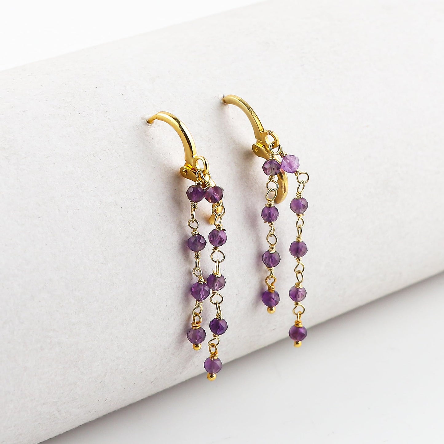 CRYSTALINES (3pcs) Natural Amethyst Gemstone Cluster Jewelry Combo Set, 14K Gold Plated, Crystals Beads Rosary Chain, Handmade Bohemian Jewelry - Bracelets, Necklace, Earrings for Women