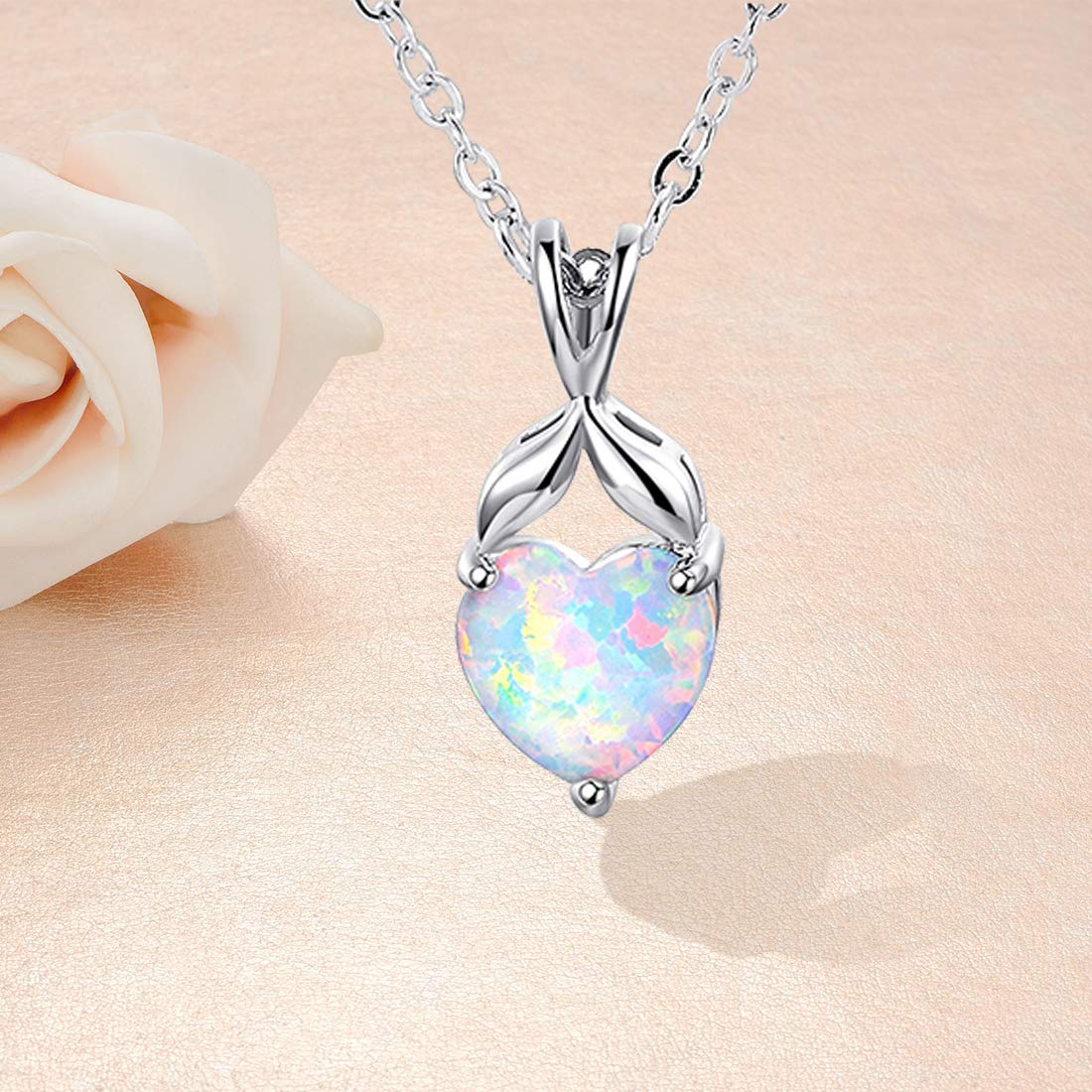 VOLUKA Opal Heart Necklaces for Women Birthstone Gemstone Necklace Friendship Gift Jewelry for Best Friend Mother 19 Inch
