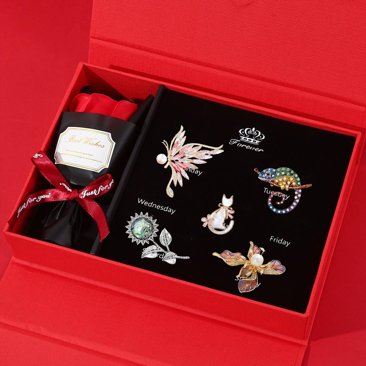 Animal and Flower Brooch Set Gift Box for Women Rhinestone Zircon Animal and Flower Pin Birthday Holiday Gift for Wife Girlfriend Mother