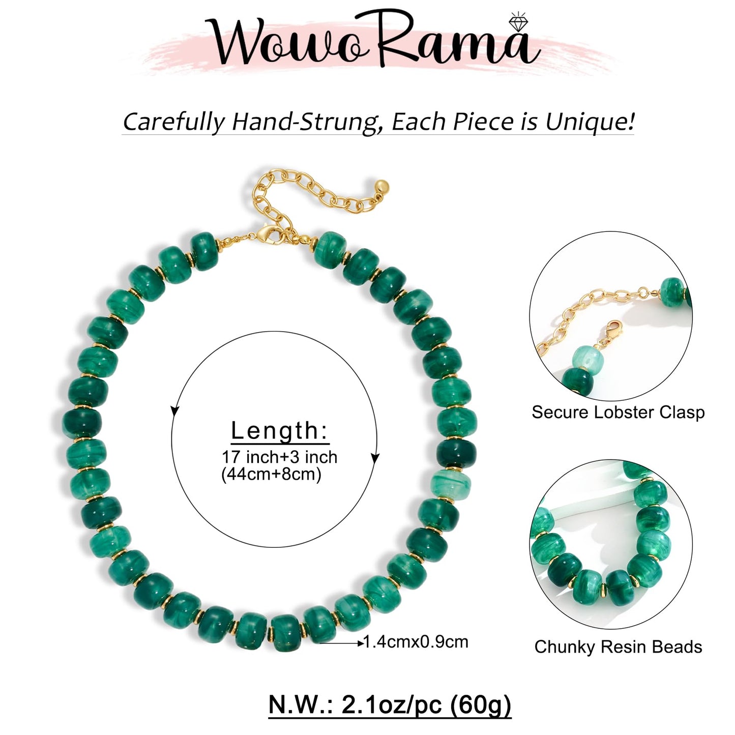 WOWORAMA Green Chunky Necklaces for Women Dark Green Resin Beaded Necklace Trendy Chunky Statement Choker Necklace Boho Summer Vacation Jewelry