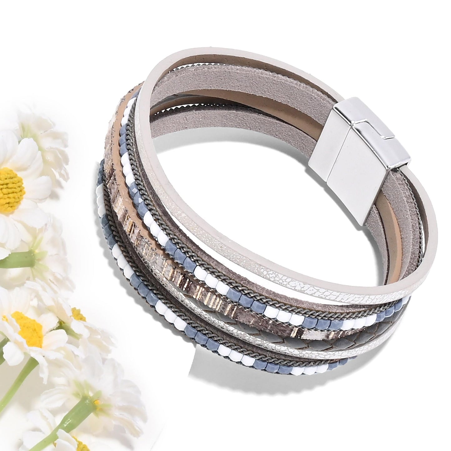 VIBILIA Boho Leather Wrap Bracelets for Women Trendy Layered Multi-Layer Bracelets with Strong Clasp Jewelry for Women-Gray