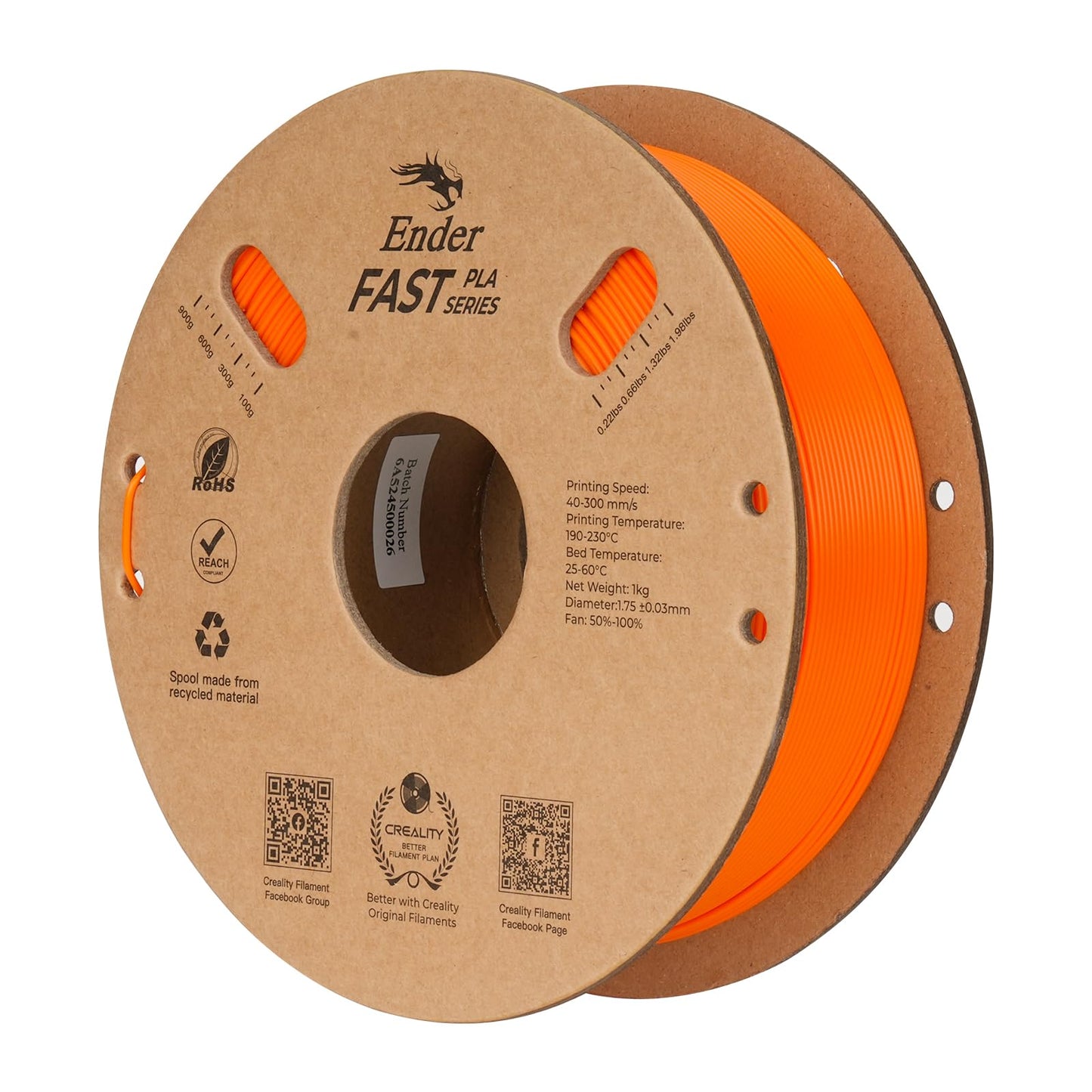Creality Rapid PLA Filament 1.75mm, Smooth High-Speed Printing up to 300mm/s, No-Tangling, Precise +/- 0.02mm Accuracy, Fits Most 3D Printers(Orange)