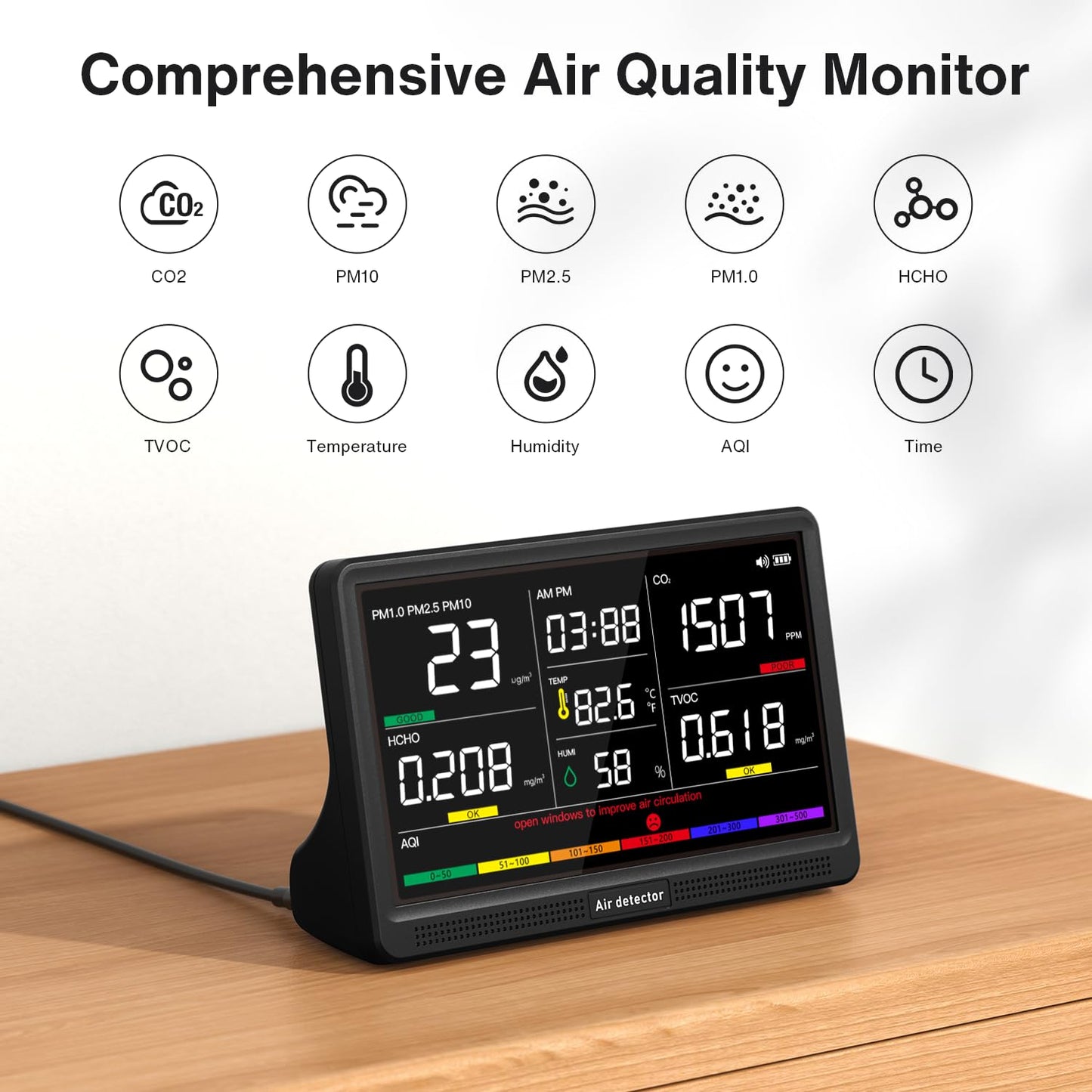 16 in 1 Air Quality Monitor Indoor 7" Display 9 AQI+7 AQI Alerts, CO2 Monitor Air Quality Tester for CO2, TVOC, PM2.5 PM1.0 PM10, HCHO Temperature Humidity AQI & Time Air Quality Meter for Home