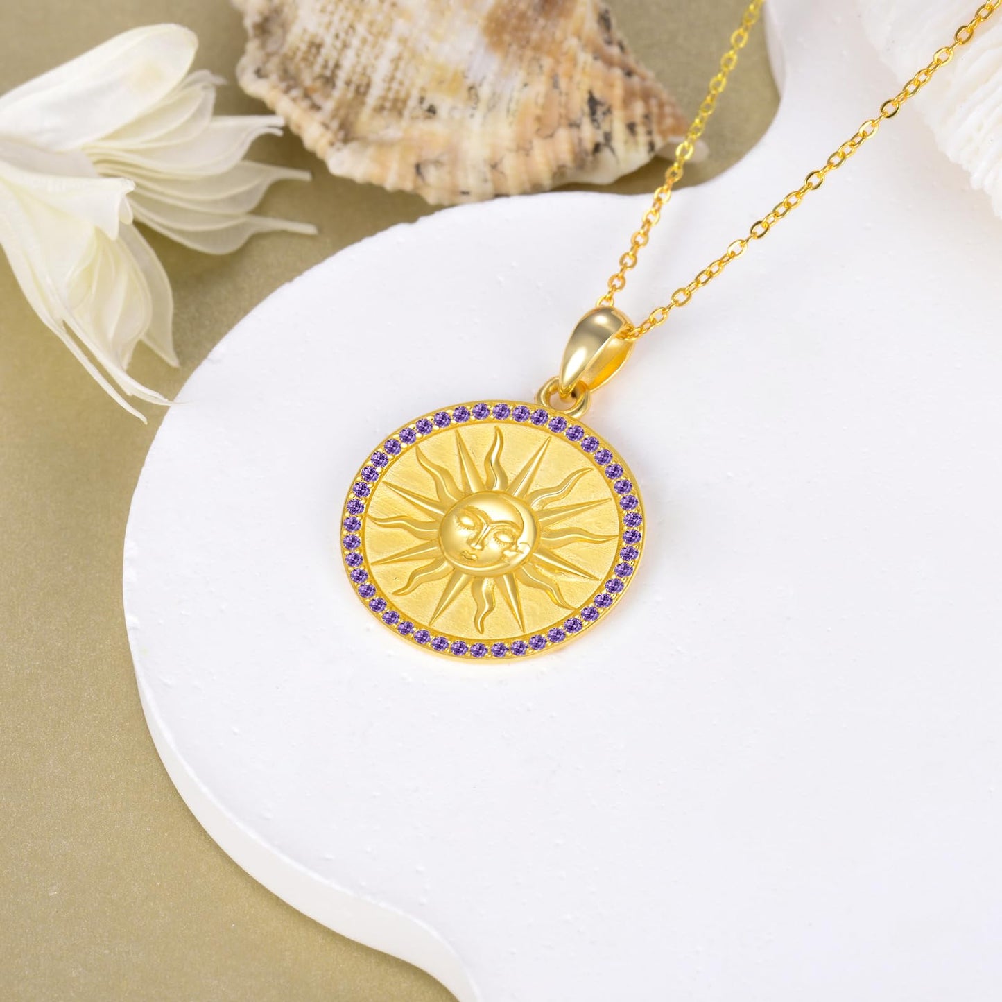 KQF Birthstone Sun Necklace for Women 925 Sterling Silver Sun and Moon Gold Plated Coin Pendant February Jewelry Gift