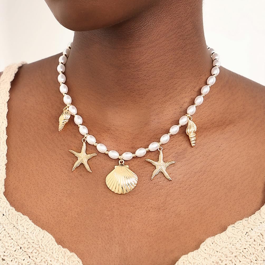 Dainty Gold Starfish Conch Oval Pearl SeaShell Necklace for Women Trendy, Statement Boho Shell Pearls Beaded Chain Necklaces Holiday Beach Party Jewelry (Gold)