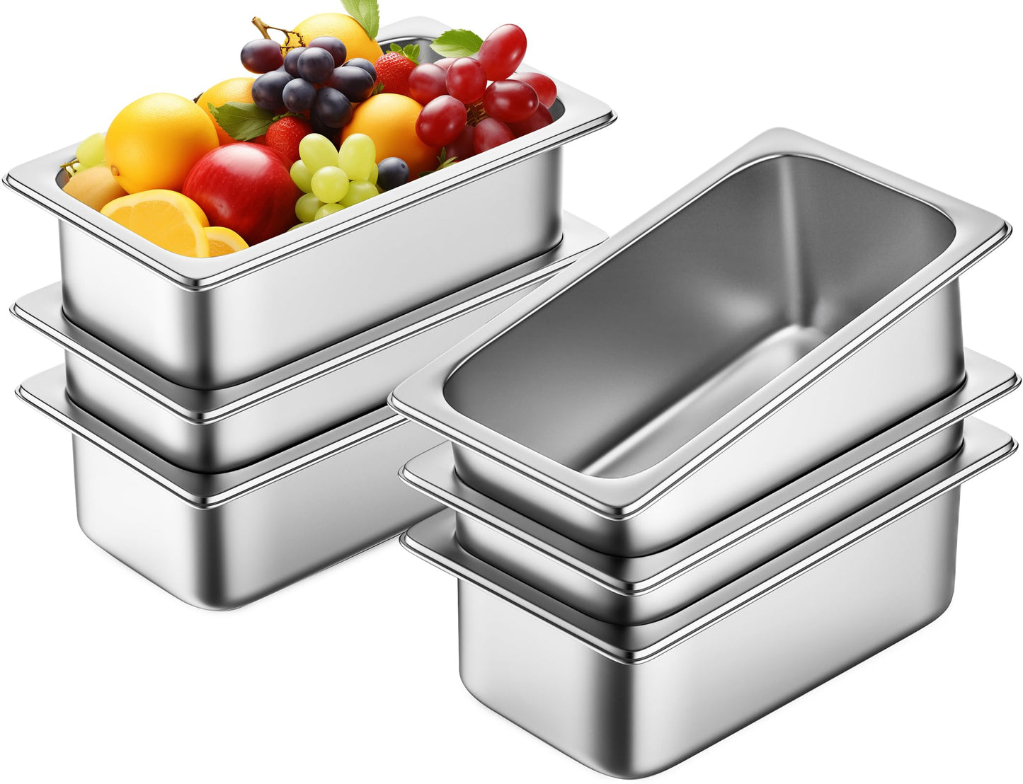 ZeroPone 6 Pack Hotel Pans, 1/3 Size 4" Deep Steam Table Pan, 22 Gauge Anti Jam Stainless Steel Steam Pan, Commercial Food Storage Containers for Catering Supplies