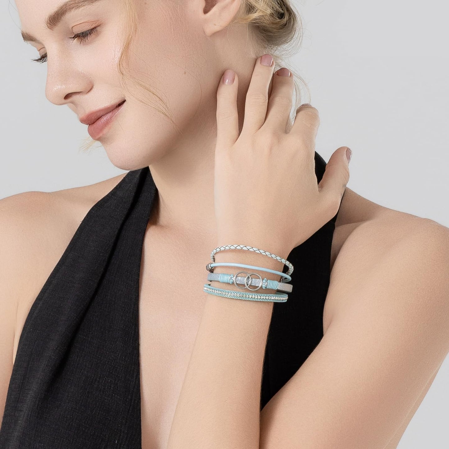 FANCY SHINY Boho Leather Wrap Bracelet Stackable Beaded Infinity Chunky Cuff Bracelets with Magnetic Clasp Western Hippie Outfits Jewelry Gifts for Women(Teal)