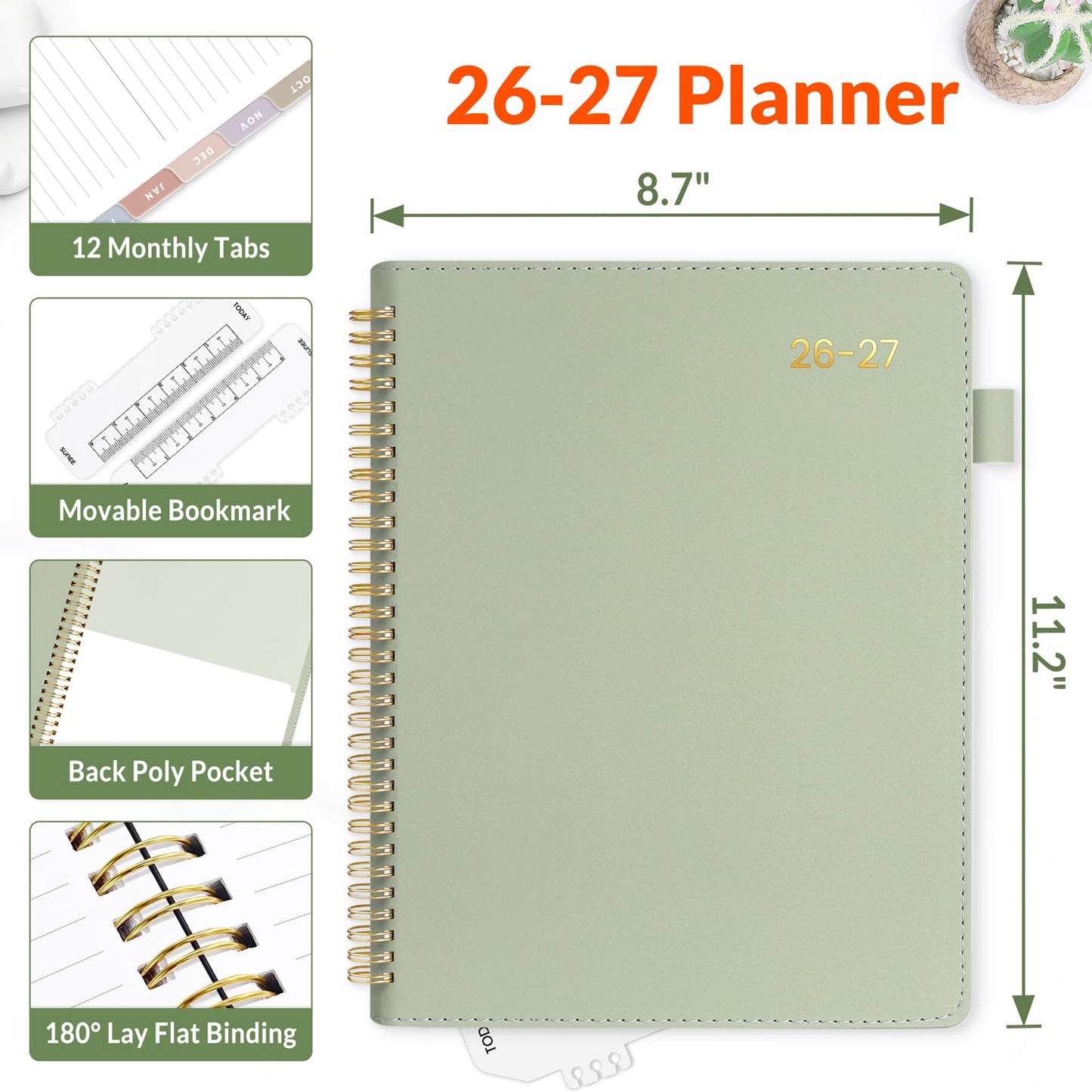 SUNEE 2026-2027 Weekly & Monthly Planner 9"x11.2" - 12 Month (July 2026 - June 2027), Vegan Leather Cover Planner Academic Year Calendar, Pocket, Notes, Monthly Tab, Green