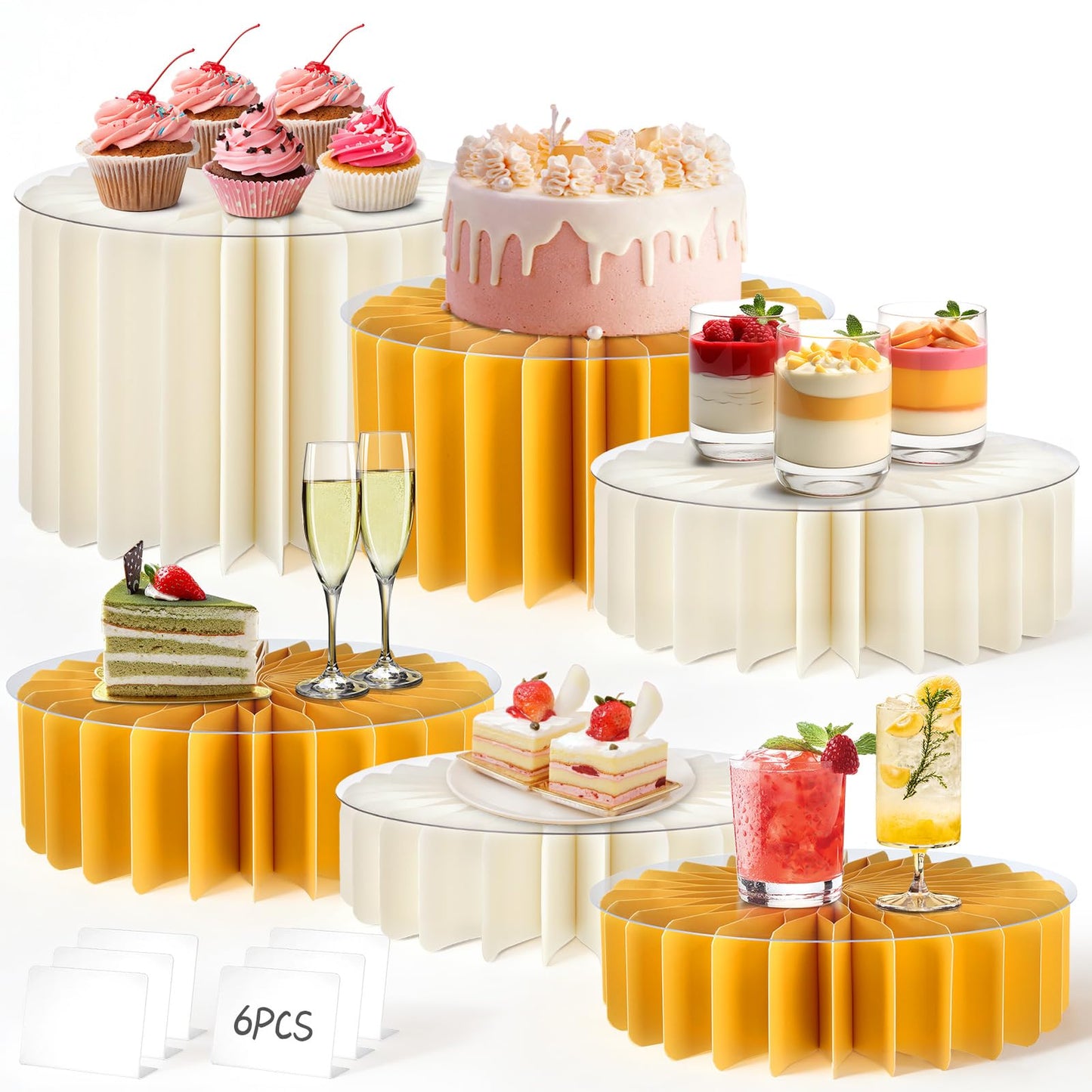 Youjoitim 6Pcs Buffet Risers, Food Risers for Table, Foldable Cake Display Stands, Tall Cardboard Cupcakes Stand for Show Catering Desserts Jewelry Wedding Birthday Party Decoration (Yellow White)