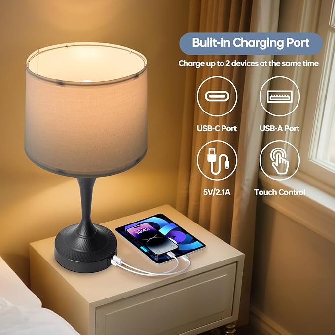 2 Pack Modern Touch Control Table Lamps with USB-C & USB-A Ports, 3-Way Dimmable Bedside Lamps, E26 Base Bulbs Included, for Bedroom Living Room, (Black)