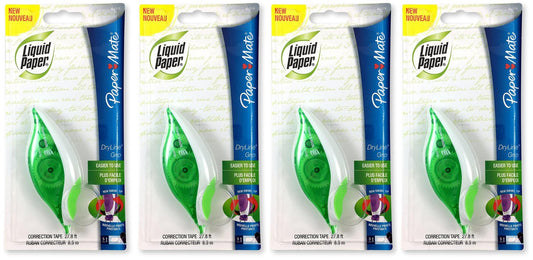 Paper Mate 660415 Liquid Paper DryLine Grip Correction Tape Dispenser, Pack of 4; Transparent Green Body; 1/5 inches Wide x 27.8 feet Long White Tape; Applies Dry, Rewrite Instantly; Swivel Tip