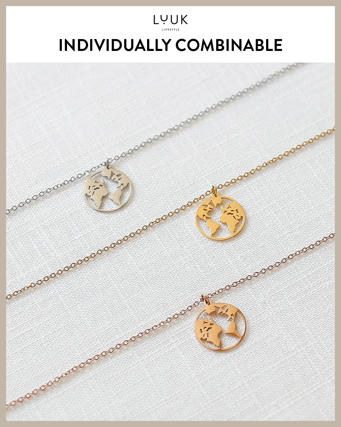 LUUK LIFESTYLE Necklace for women in stainless steel with globe pendant and HAPPINESS card, fashion jewelry for women, lucky charm, fashion accessory, 19” length, feminine jewelry, gift idea, gold