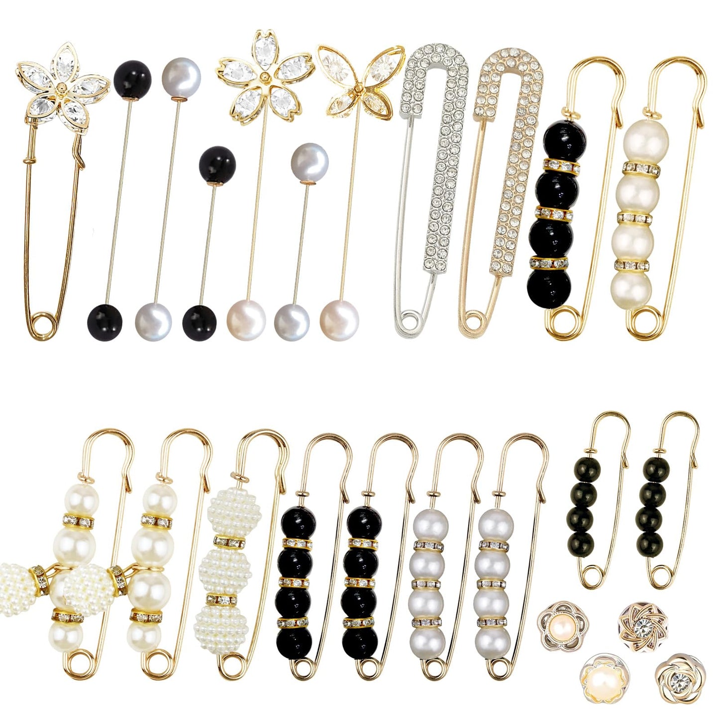 24 Pieces Pearl Crystal Brooch Safety Pins Button Pins Pant Waist Tightener Pins for Clothes Sweater Shawl Collar Dress Cardigan Shirt Jeans Decoration Accessories for Women Girls(Classic)