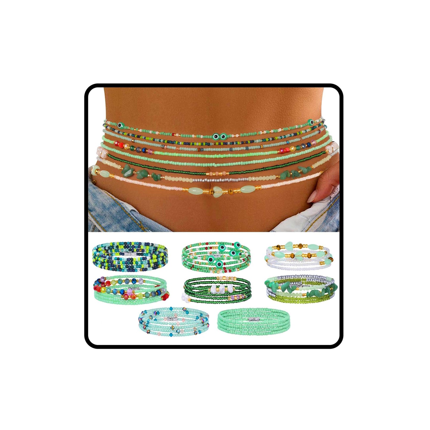ELABEST Adjustable Handmade Waist Beads Stretchy 23-52 inch 8Pcs Chakra Body Belly Beaded Women Waist, Anklet, Bracelet, Necklace Jewelry with Screw clasp (Green, 39.3inch/100cm)