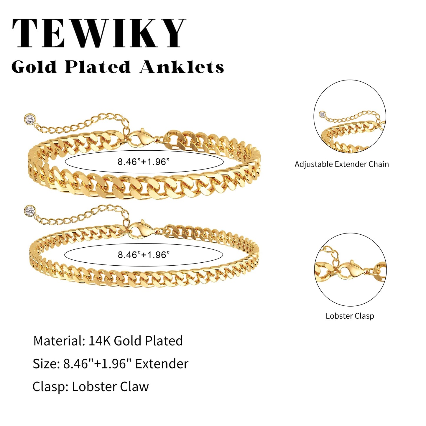Tewiky Waterproof Ankle Bracelets for Women,Chunky Layered Gold Anklet for Women Non Tarnish Adjustable Cuban Set Stackable Summer Beach Jewelry Gift