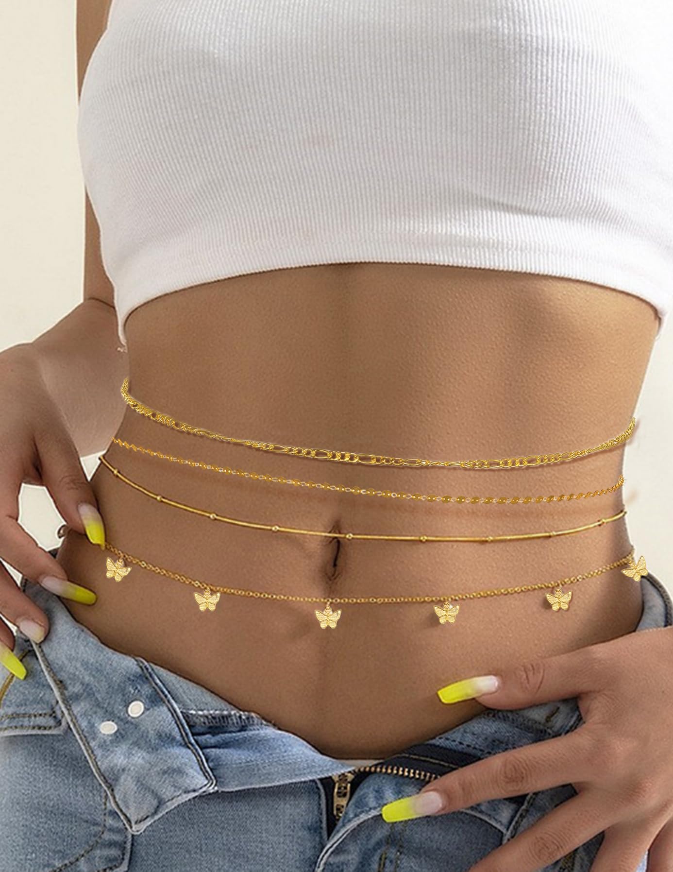 Tornito 8Pcs Waist Belly Chain 18K Gold Plated CZ Heart Butterfly Pearl Snake Bead Sequin Paperclip Belly Chain Summer Beach Sexy Body Chains Jewelry Accessories for Women Adjustable