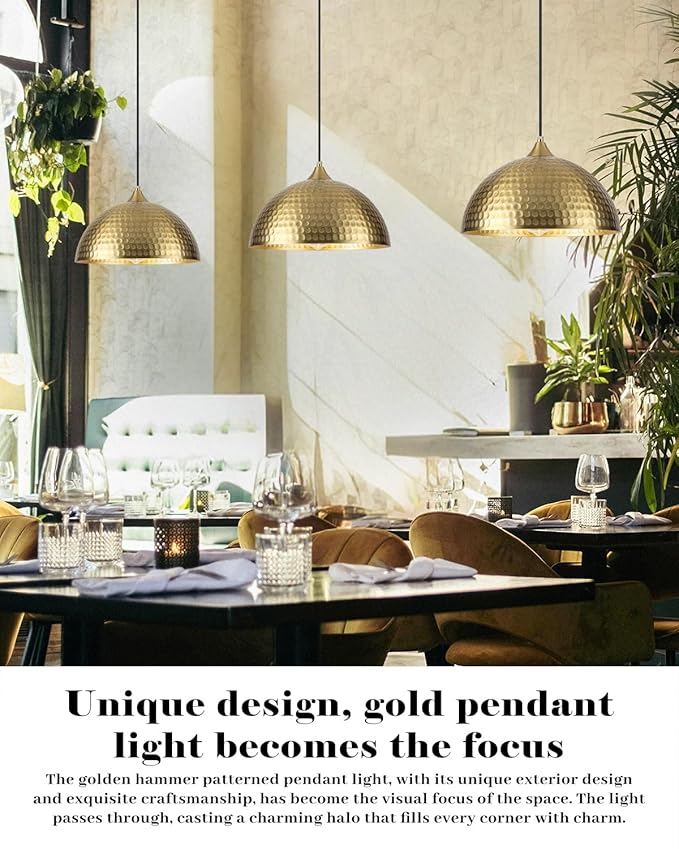 Gold Pendant Lights Kitchen Island 2 Pack, 12 Inch Hammered Dome Pendant Light, Farmhouse Kitchen Pendant Lights, Industrial Hammered Pendant Light for Kitchen, Dining Room, Barn