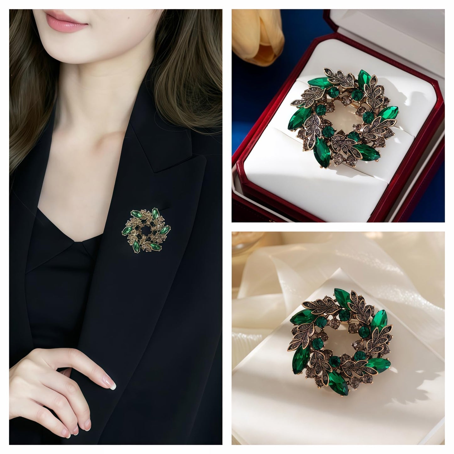 Yaximhozz 2pcs Rhinestone Brooch Pin for Women Dress Elegant Stylish Crystal Brooches Fashion Accessories Pins Lapel Boutonniere Ideas Wedding Christmas Birthday Jewelry Easter Gift (16 Gold TFN/Green)
