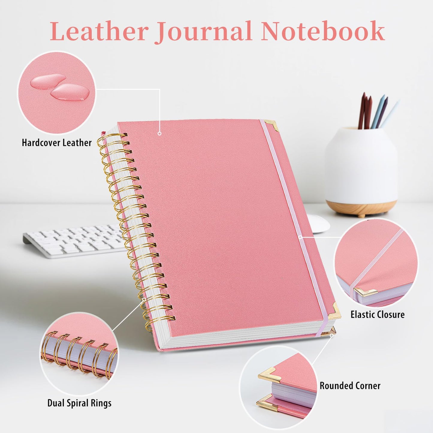 Kutoda Lined Spiral Notebooks for Work, 300 Pages Leather 8.5 * 11 College Ruled journals for Writing, Hardcover Notebooks for Note Taking, Perfect for Office Home School Supplies(Pink)