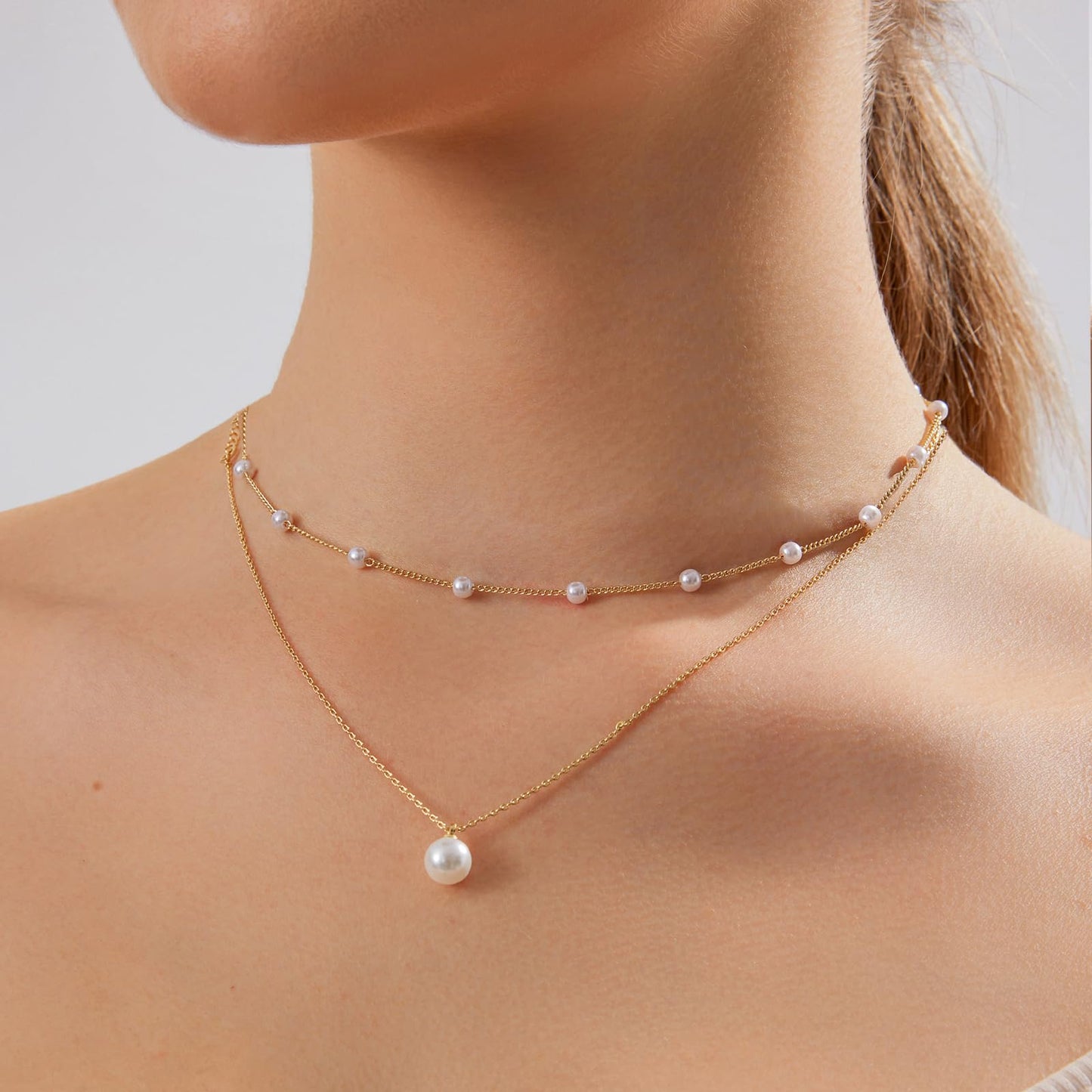 OGD Pearl Necklace for Women Layered Trendy 14K Gold Plated Dainty Pearl Pendant Choker Set Pearls Gold Necklace Stack Simple Cute Jewelry Gifts for Women