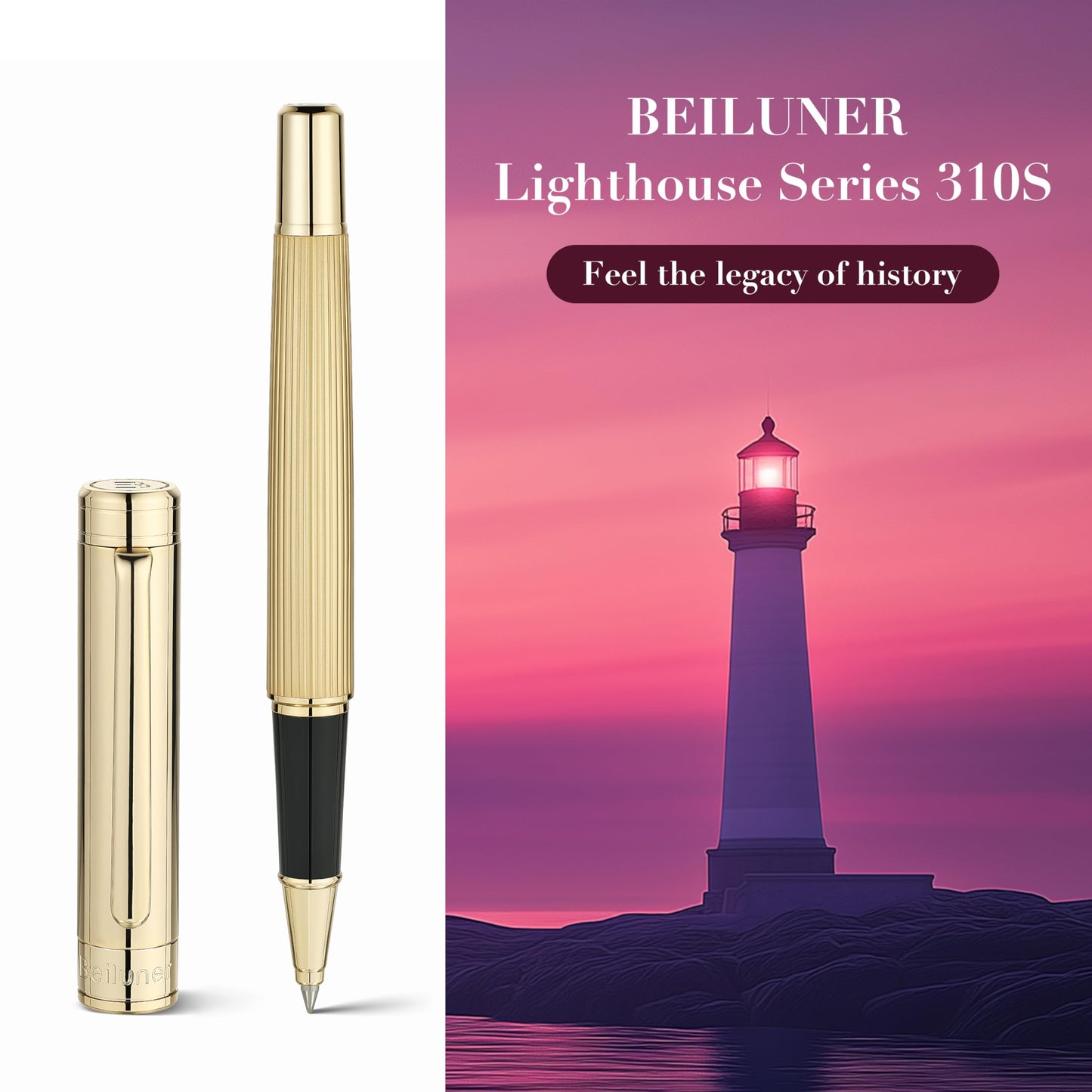 BEILUNER Lighthouse Series Rollerball Pen, 24K Gold Finish Pen Body, Exquisite Vertical Lines, Schneider 850 Refill, Nice Pen Gift Set for Men & Women, Office, Executive and Fancy Designer Pens (Gold)