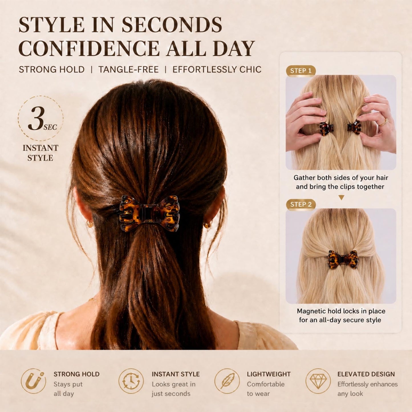 ASTRULUME 2Pcs Magnetic Hair Clips, Strong Hold No-Slip Styling Clips for Layered Styles, Half-Updos and Braids, Seamless 2-in-1 Clavicle Design, Multiple Colors(Brown Leopard Print)