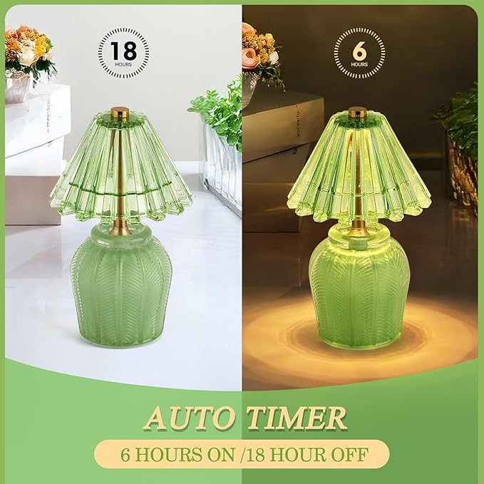 Small Battery Operated Lamp with Timer, Tiny Cordless Glass Table Lamp for Home Decor, Kitchen, Bathroom, Birthday Gift for Women, Cream Green